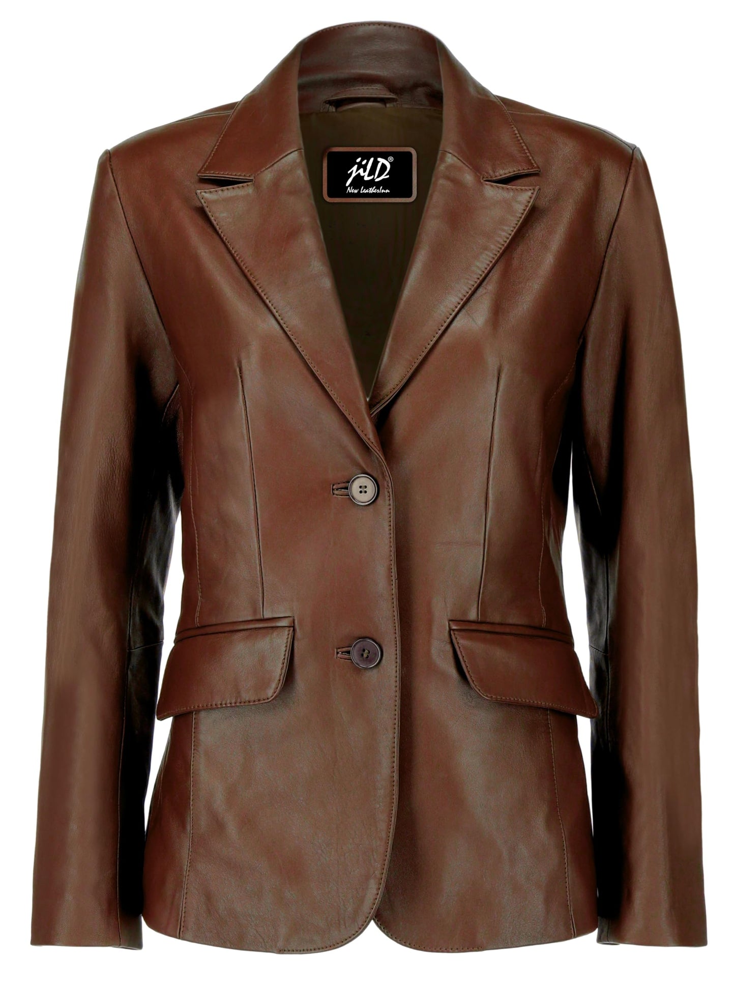 Jild Classic 2-Button Lambskin Leather Blazer Women - Casual Coat Long Sleeves Suit Style Leather Jacket Women (LC-Brn-M)