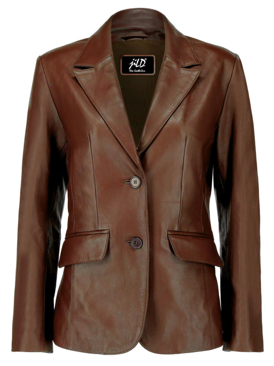 Jild Classic 2-Button Lambskin Leather Blazer Women - Casual Coat Long Sleeves Suit Style Leather Jacket Women (LC-Brn-XXL)