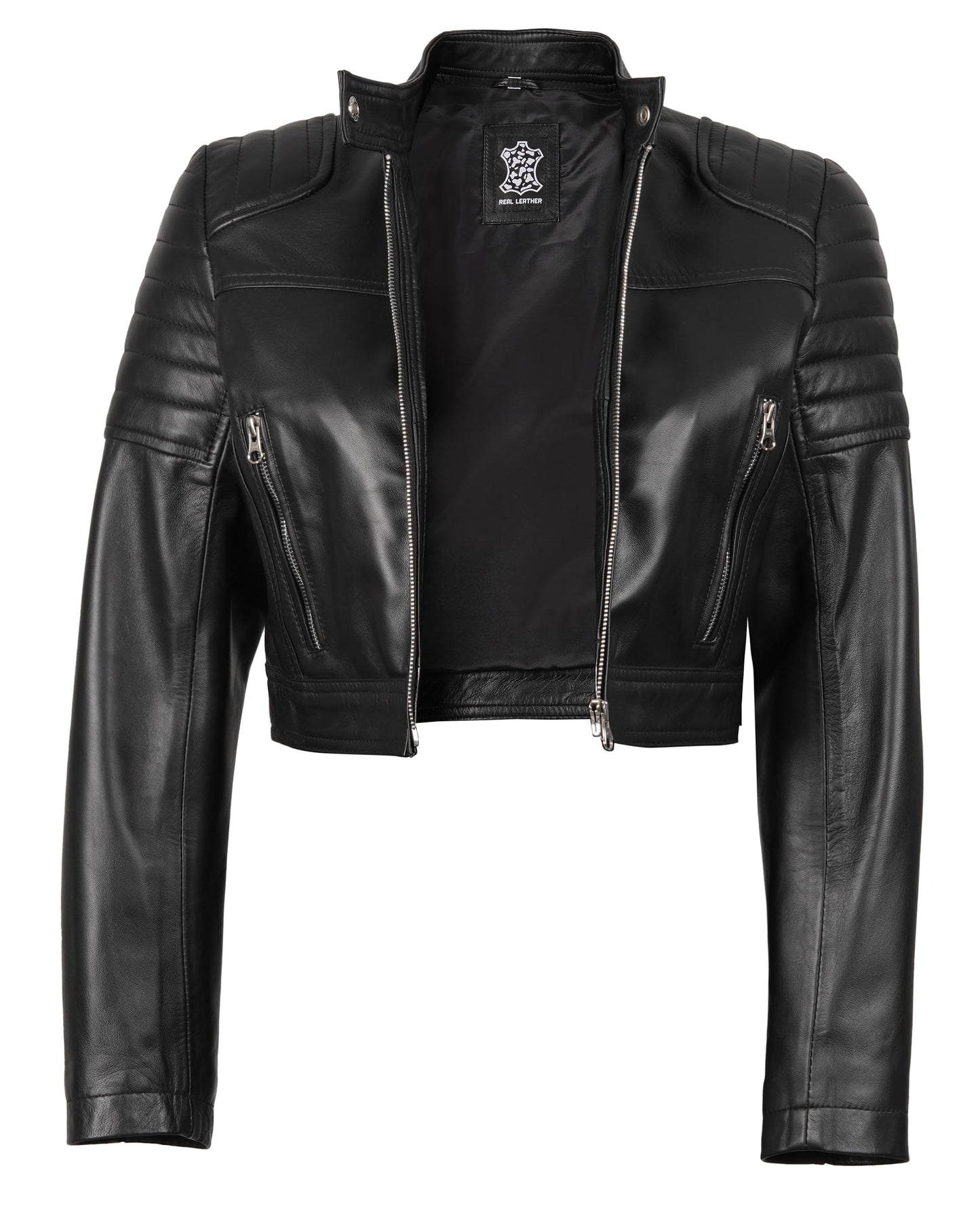 Decrum Cafe Racer Leather Motorcycle Jacket Women - Crop Leather Jackets For Womens | [1318831] Edna Black, XS