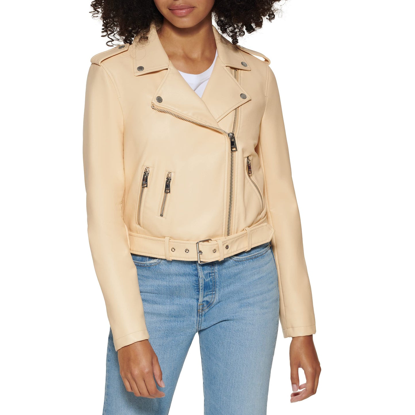 Levi's Women's Faux Leather Belted Motorcycle Jacket (Standard and Plus Sizes), Wheat, Medium