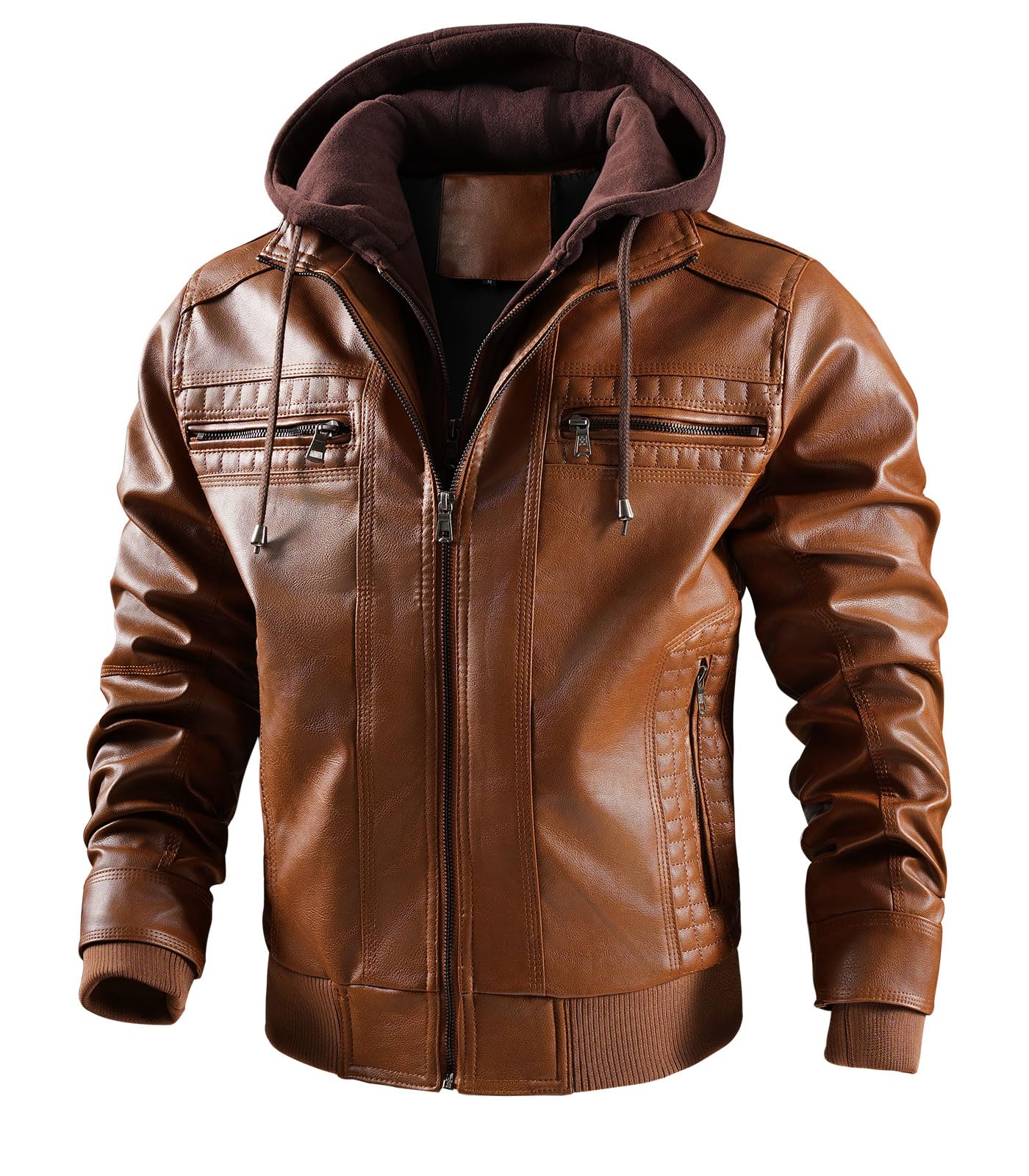 INVACHI Men's Faux Leather Motorcycle Jacket with Removable Hood