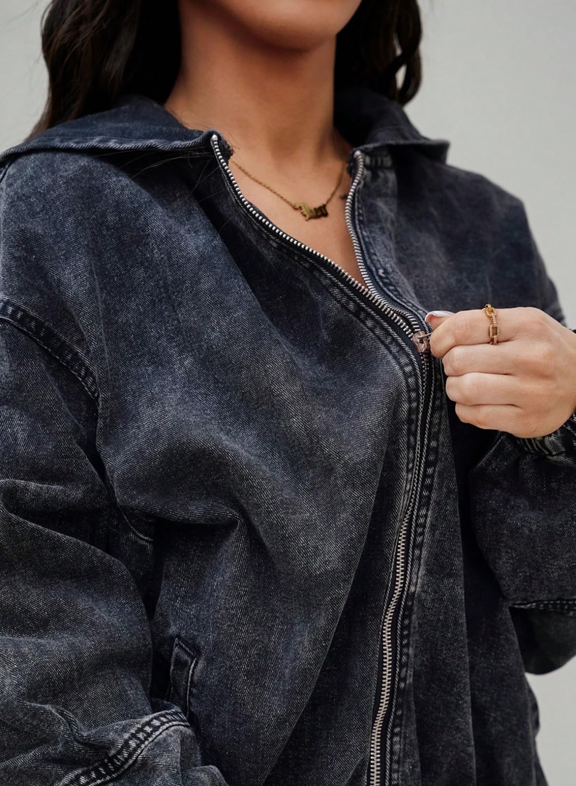 SHEWIN Jean Jacket Women Long Sleeve Womens Fall Jackets Cozy Denim Jacket Zipper Hooded Bomber Black Jacket Women Fall Clothes 2026 Color Black X-Large