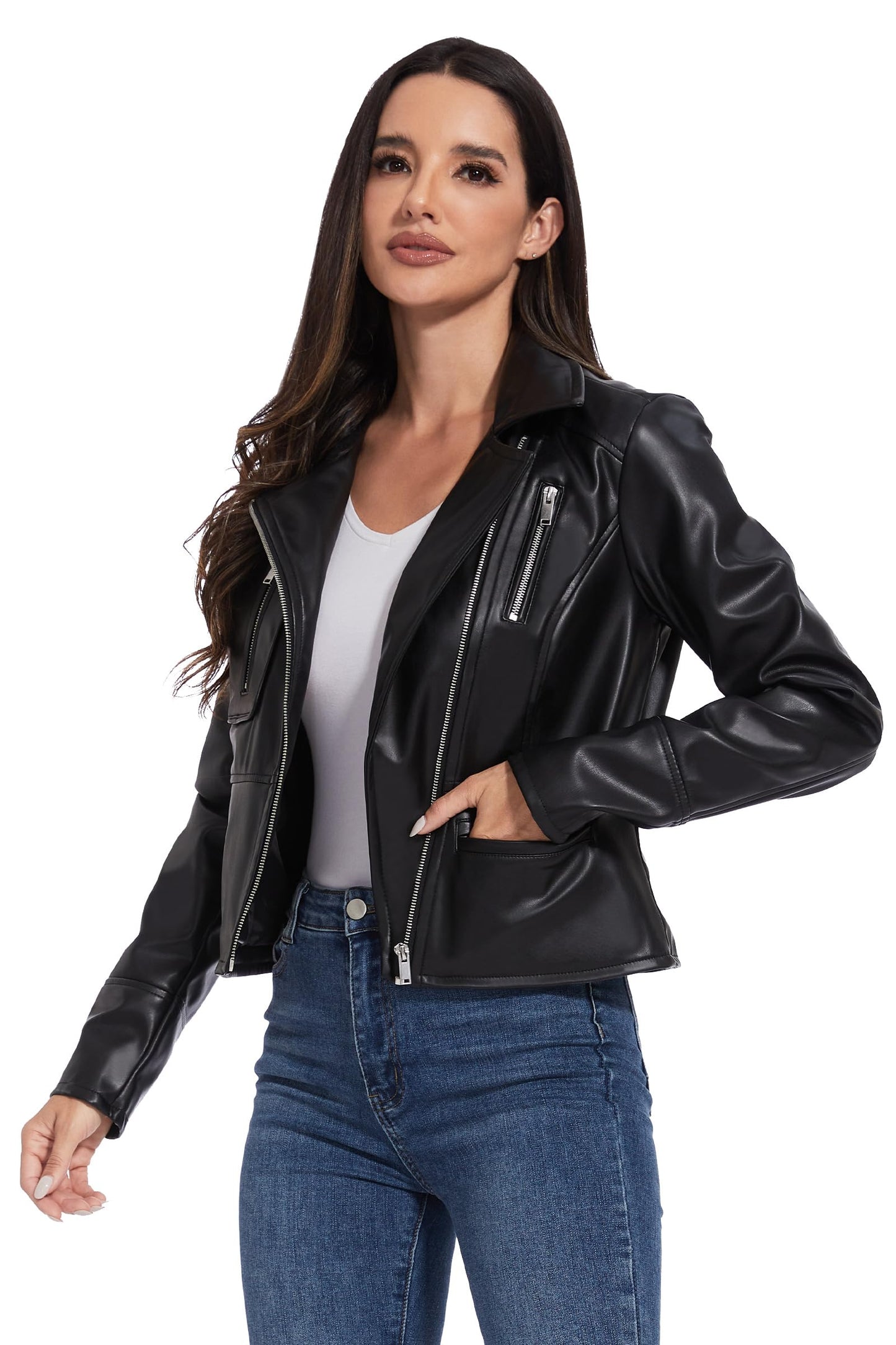 Fahsyee Women's Faux Leather Jackets - Moto Biker Motocycle PU Zipper Coat Lightweight Blazer Vegan Black M