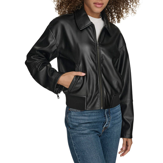 Levi's Women's Faux Leather Bomber with Laydown Collar, Black, Medium