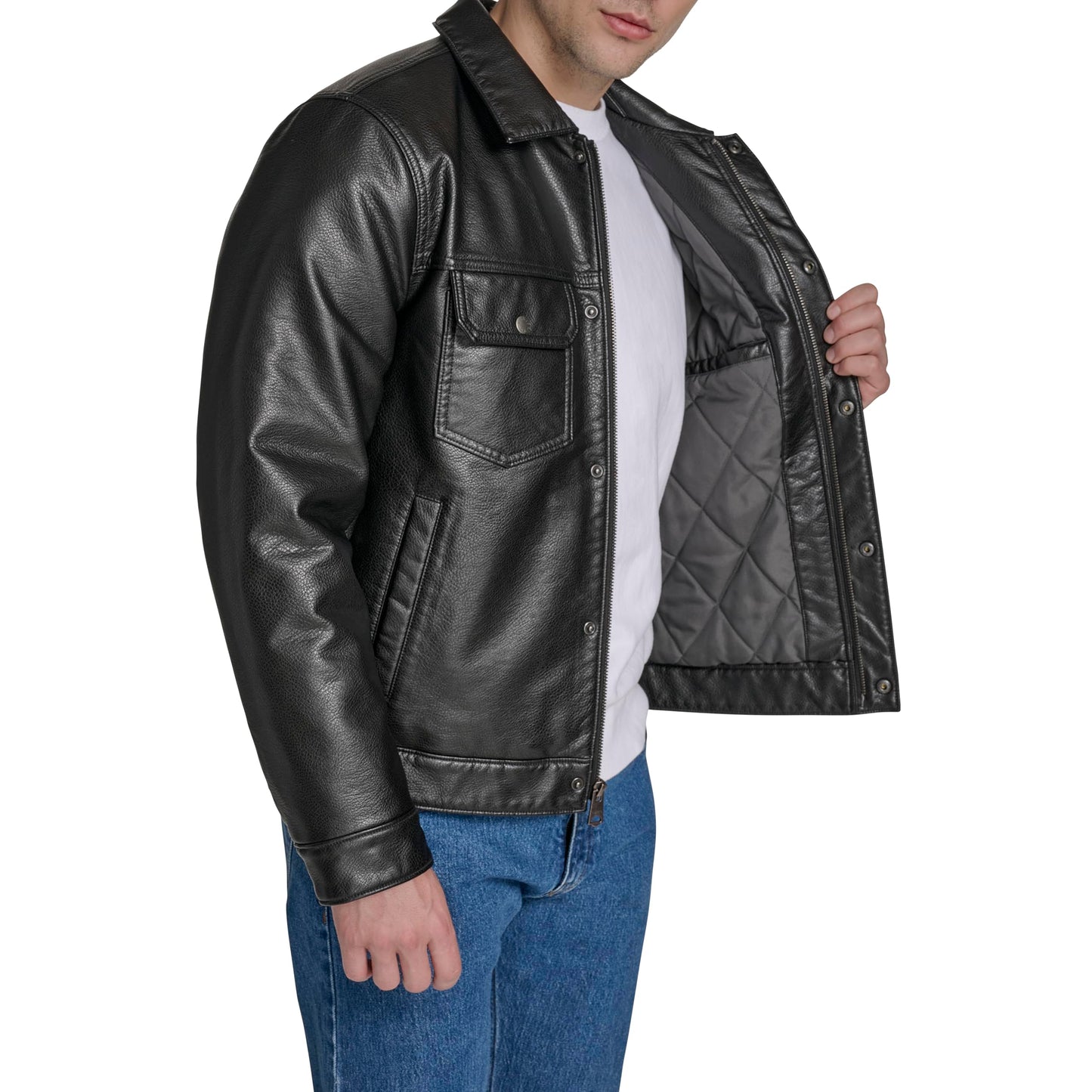 Levi's Men's Faux Leather Trucker Jacket with Quilted Lining, Black, Medium