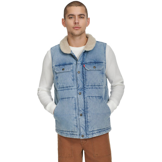 Levi's Men's Mixed Media Quilted Puffer Jacket With Sherpa Lined Collar (Regular and Big & Tall Sizes), Light Wash Denim Vest, Small
