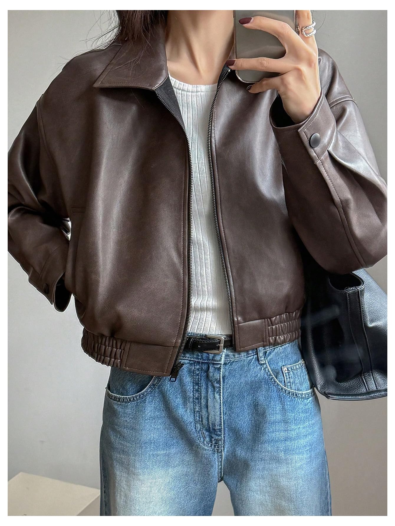 Milumia Women's Faux Leather Zip Up Jacket Vintage Collared Long Sleeve Motorcycle Jackets Brown Small