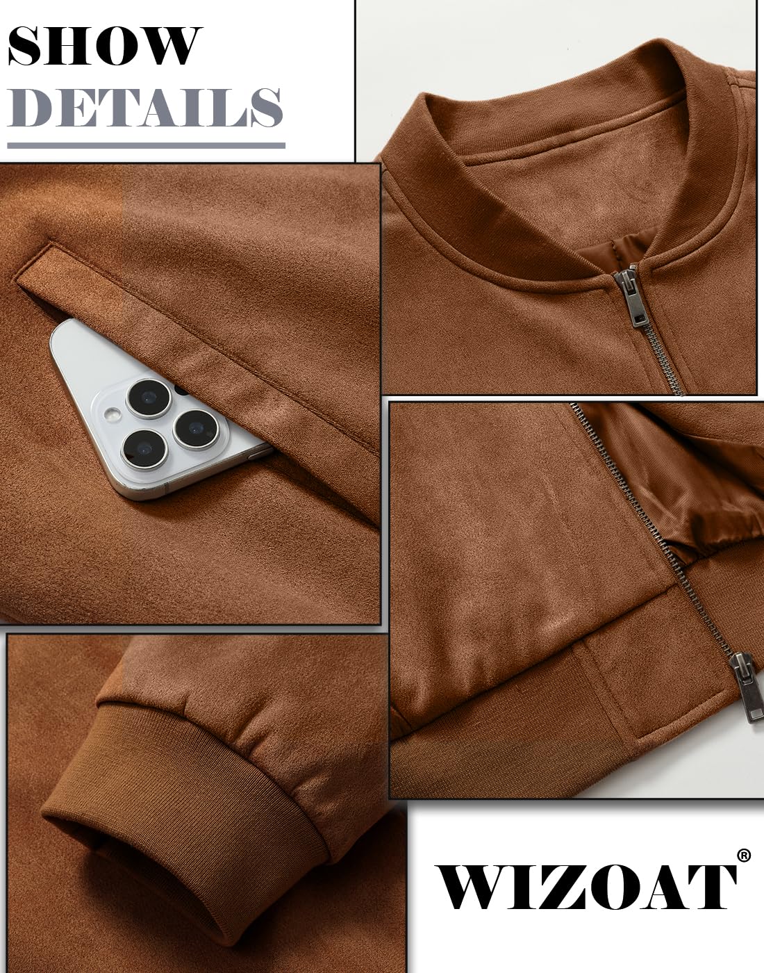 Wizoat Men's Suede Bomber Jacket Casual Lightweight Vintage Jacket Varsity Coat
