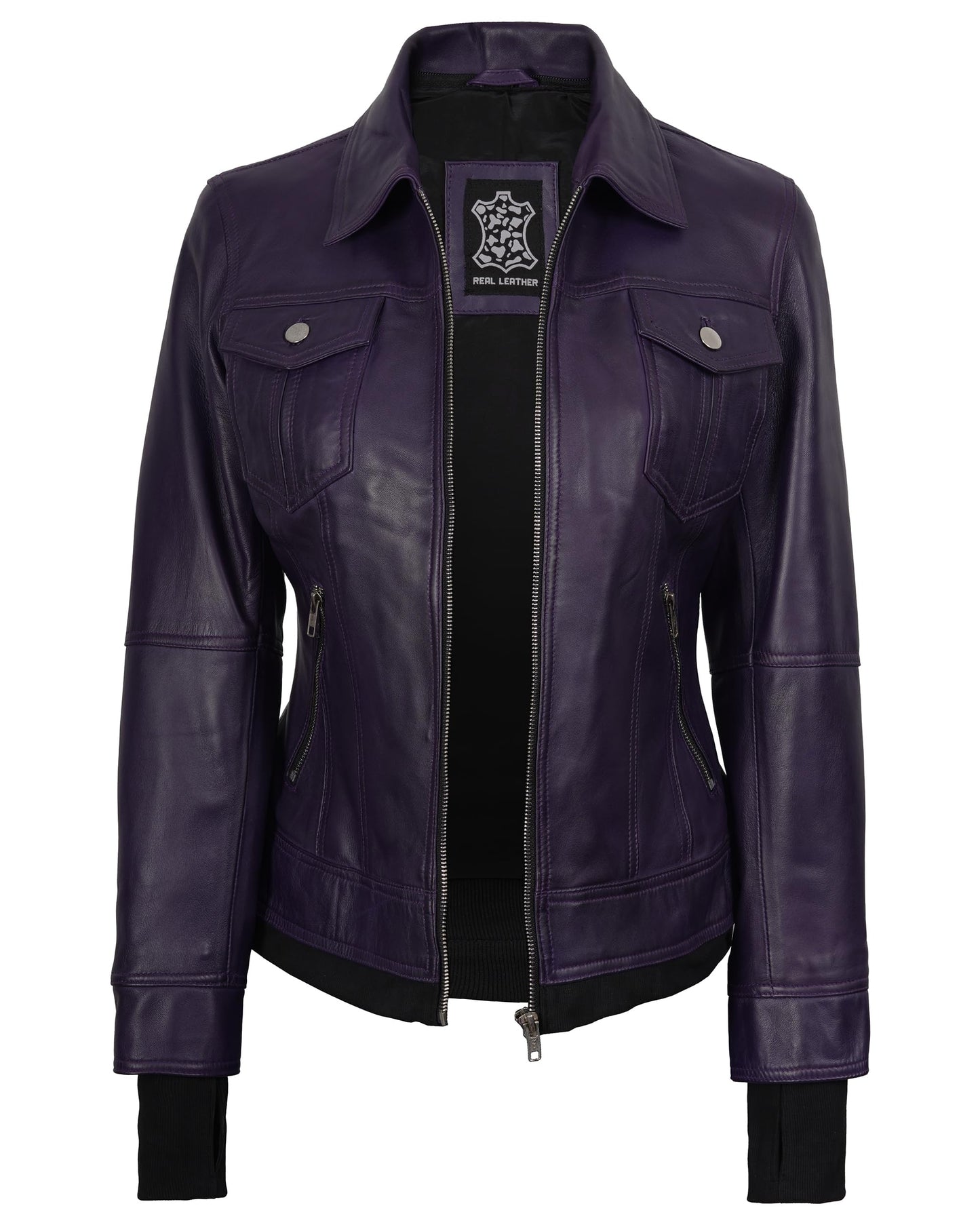 Decrum Hooded Leather Jacket Women - Leather Bomber Jacket Women | [1326966] Tralee Purple, 2XL