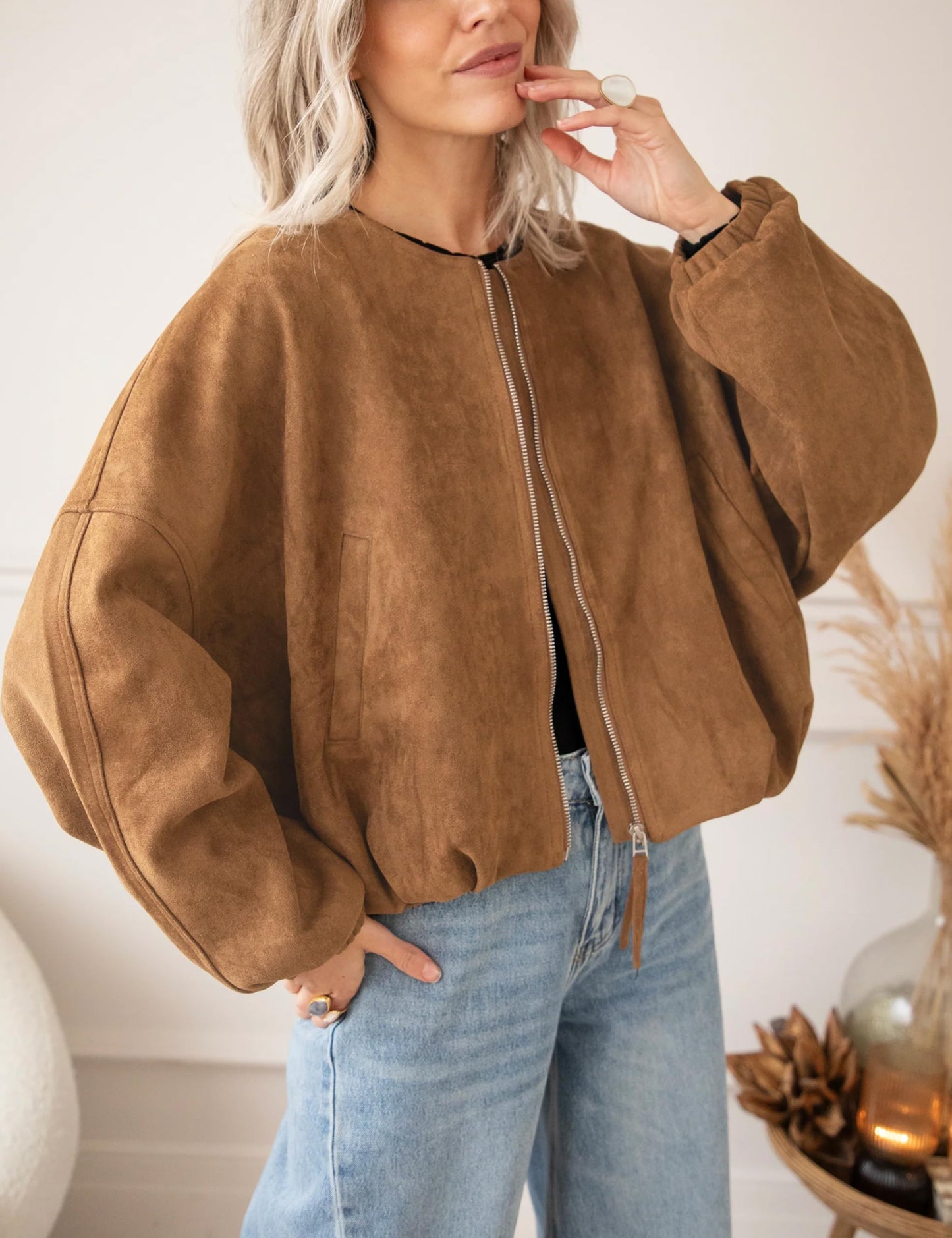 Tanming Womens Faux Suede Leather Jacket Casual Oversized Long Sleeve Zip Up Bomber Jackets Coats Outerwear(Brown-S)