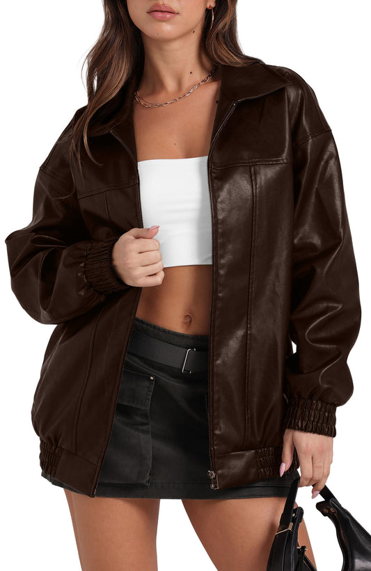 Sampeel Leather Jacket Women Motorcycle Bomber Coats 2025 Fall Fashion Outfits Winter Clothes Dark Brown M