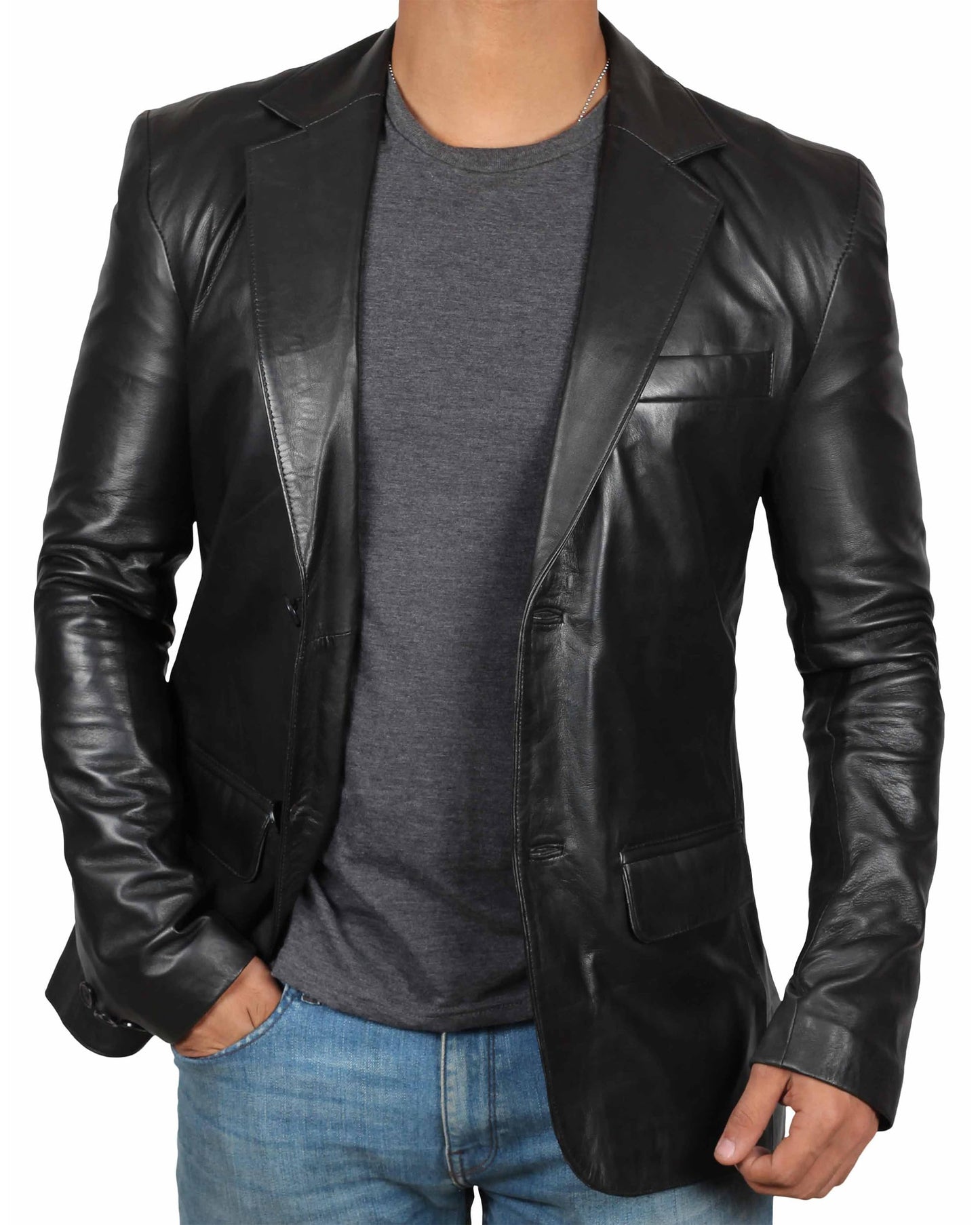 fjackets Lambskin Leather Jacket Men Casual Coat – Notched Collar Classic Style Ultimate Leather Blazer for Men - Black | [1500565], XL