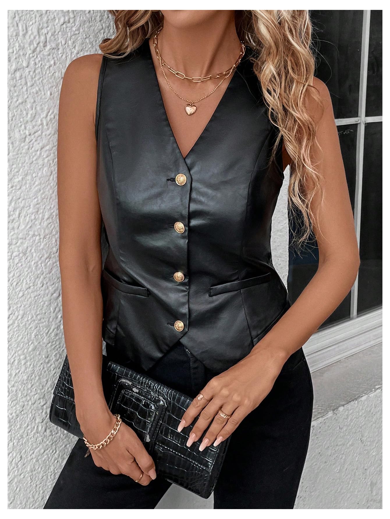 SweatyRocks Women's PU Leather Button Down V Neck Sleeveless Jacket Vest Waistcoat Black Small