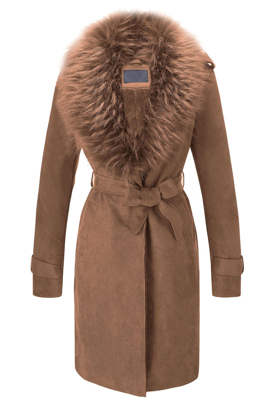 Bellivera Women Faux Suede Leather Jacket Coat with Removable Fur Collar FF20 D.Brown XL