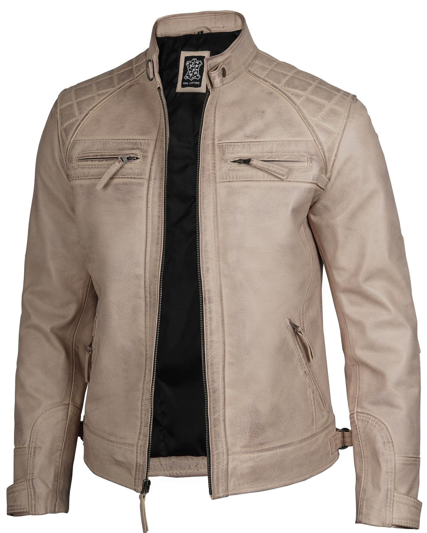 Decrum Disc Cafe Racer Leather Jacket - Men Leather Jacket | [1129277] D1 Wrm Bge, XXXL