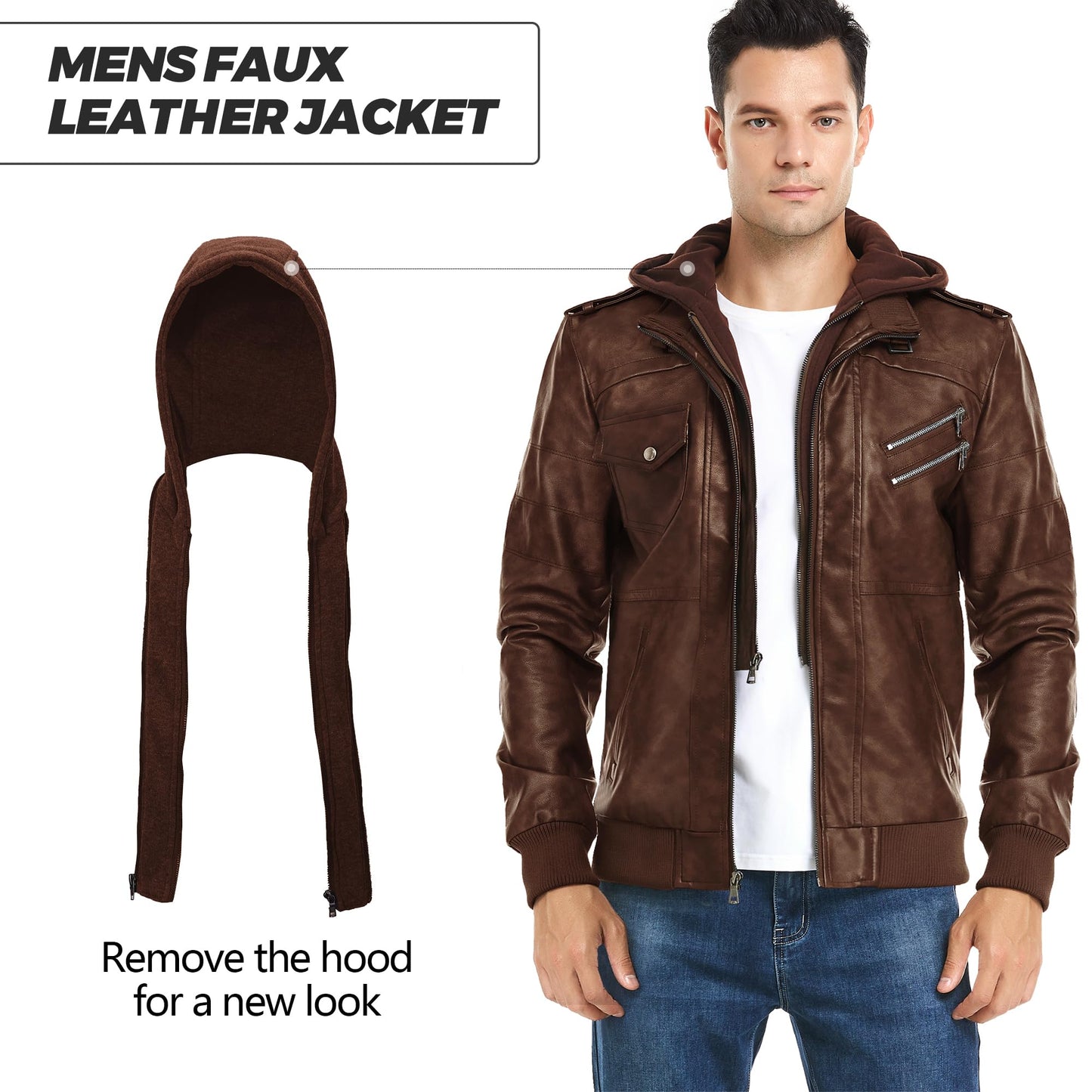 JYG Men's Faux Leather Jacket Stand Collar Motorcycle Bomber Jackets with Removable Hood (Brown,L)