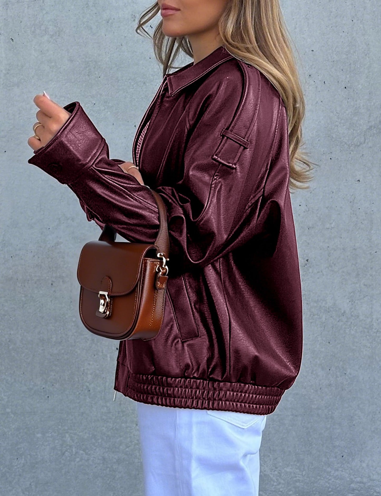 PHISOCKAT Women's Oversized Faux Leather Zip Up Bomber Jacket