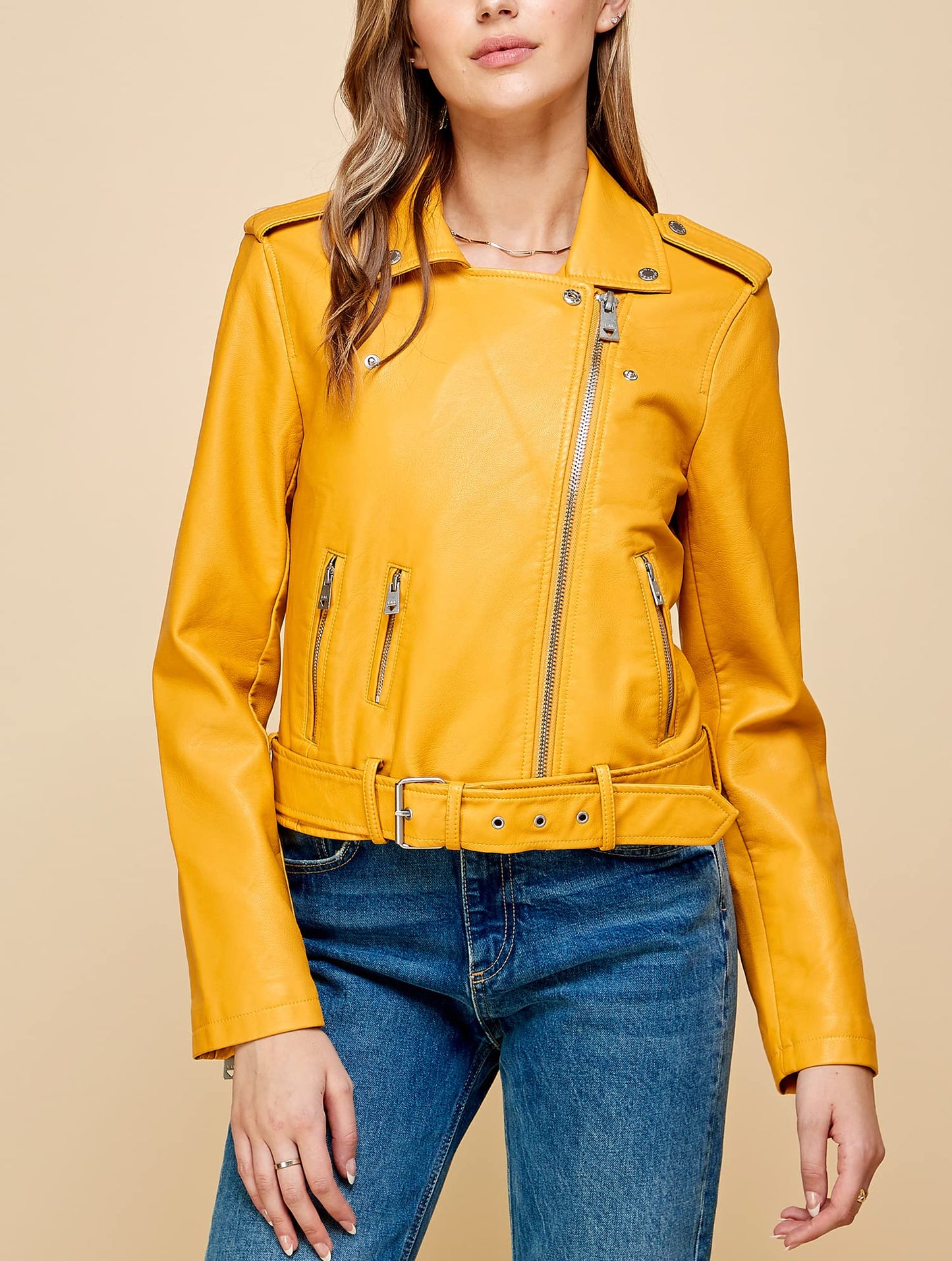Lock and Love LL WJC1849 Women's Asymmetrical Faux Lether Belted Moto Jacket L MUSTARD