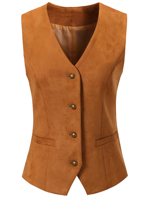 V VOCNI Women's Fully Lined 4 Button V-Neck Economy Dressy Suit Vest Waistcoat Suede Leather Khaki Large