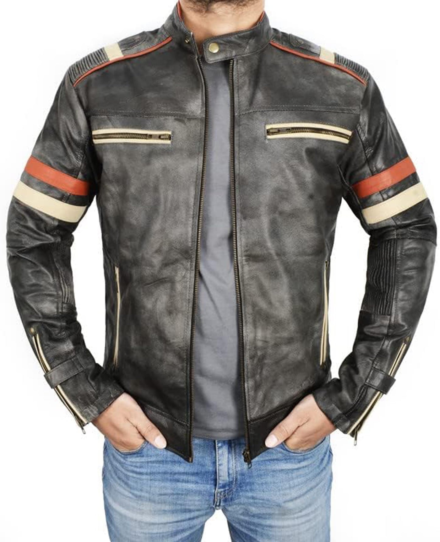 Vintage Cafe Racer Leather Jacket Men Retro Motorcycle Racing Jacket