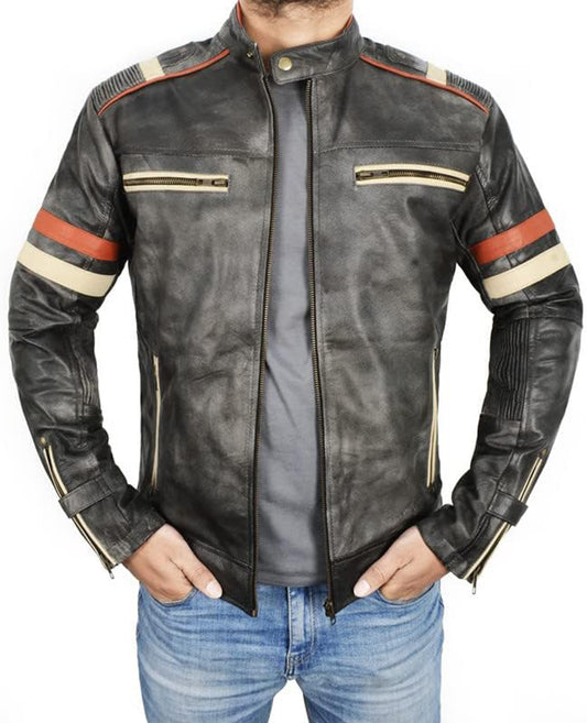 Vintage Cafe Racer Leather Jacket Men Retro Motorcycle Racing Jacket