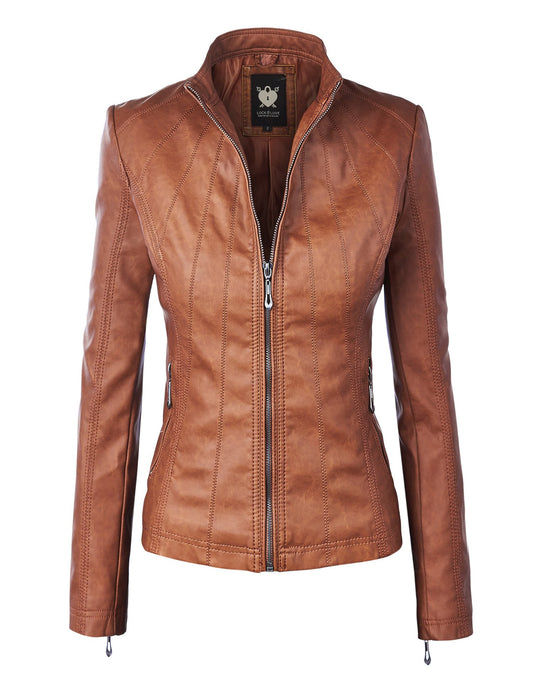 Lock and Love LL WJC877 Womens Panelled Faux Leather Moto Jacket L Camel