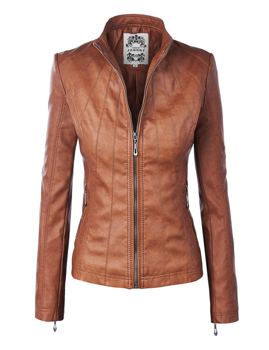 Made by Johnny MBJ WJC877 Womens Panelled Faux Leather Moto Jacket M Camel
