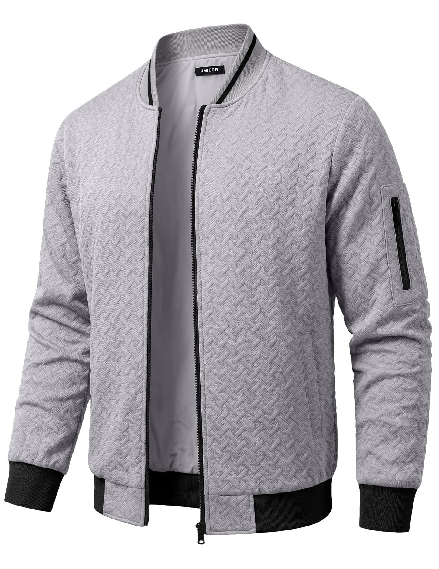 JMIERR Men's Textured Full Zip Bomber Jacket Multi Pockets,Grey,S