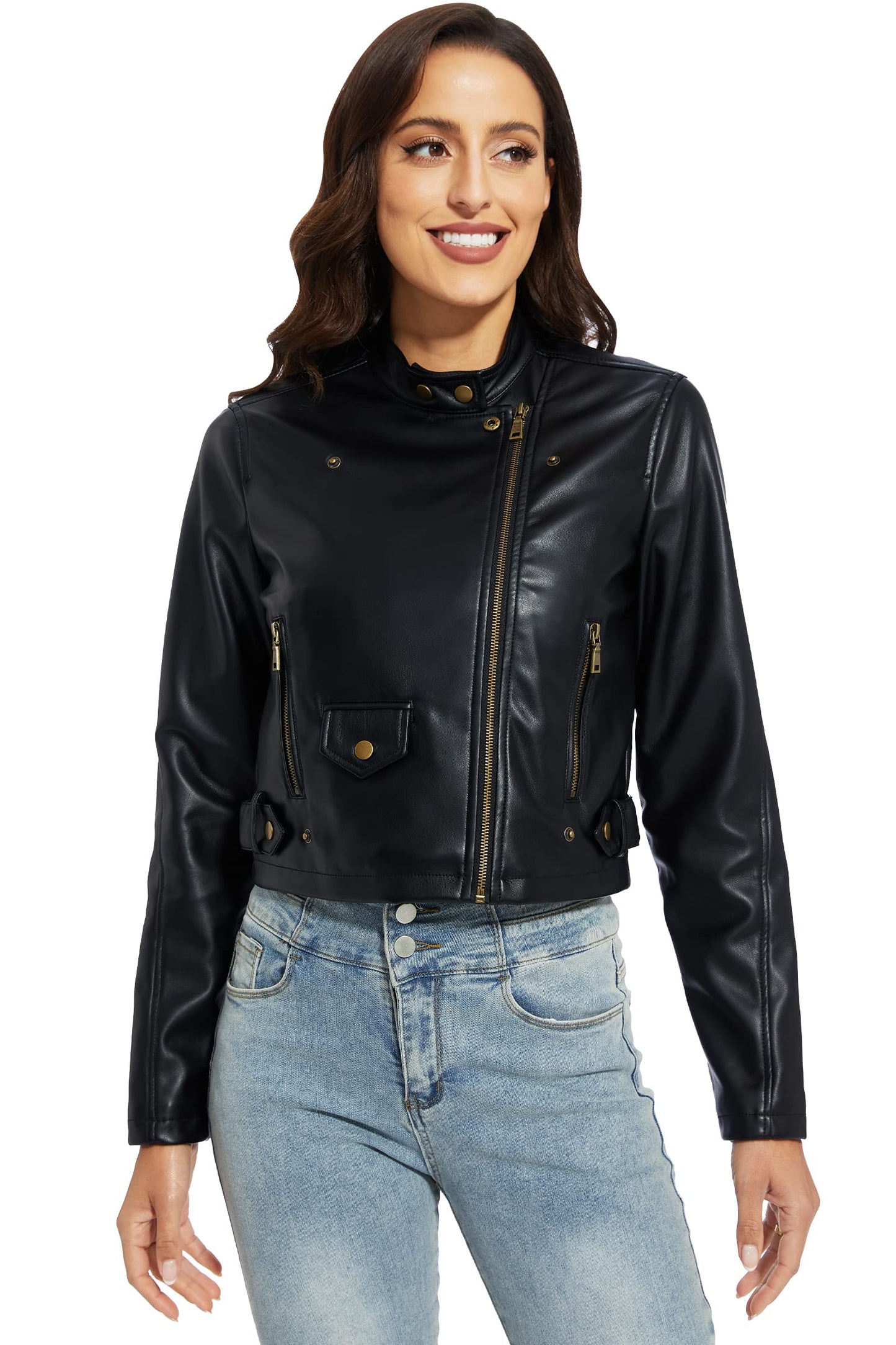 Fahsyee Faux Leather Jacket Women - Black Motorcycle Cropped Short Coat Moto Biker Blazer Slim Size Casual Soft Jackets Fashion M