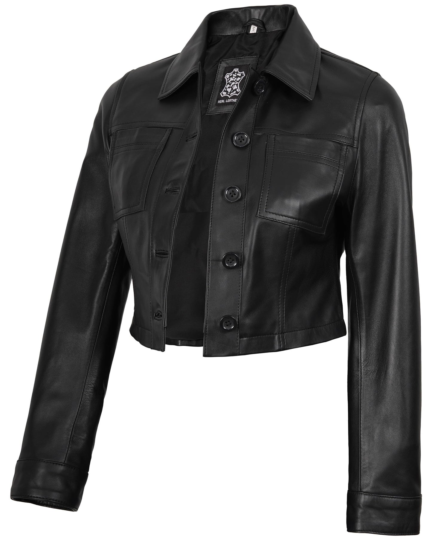 fjackets Leather Jacket Cropped Women - Real Lambskin Women Leather Jacket|Mable Cropped Black, [1329304] L