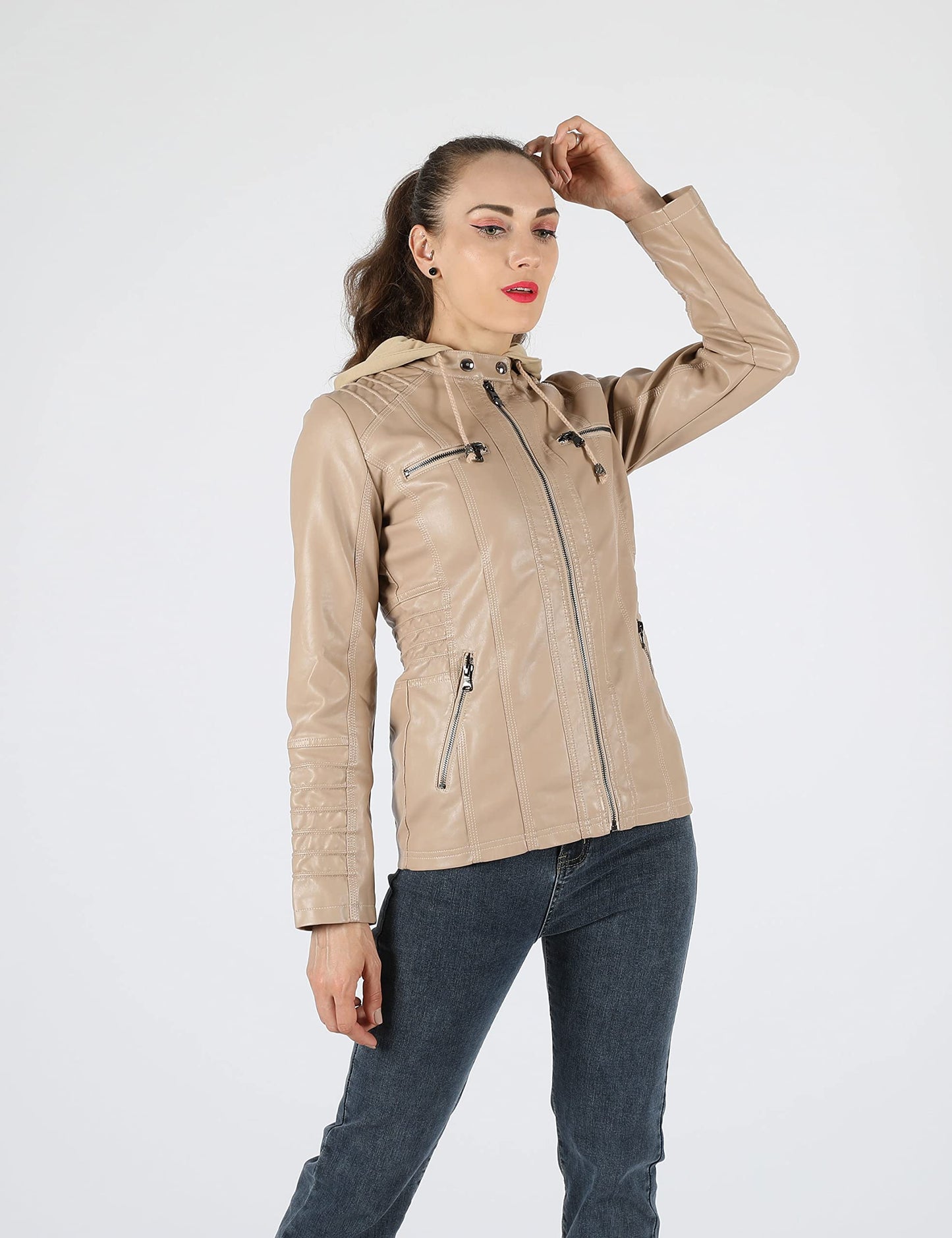 Tanming Womens Faux Leather Jacket Hooded Moto Biker Coat Outerwear Fall Fashion Outfits Winter Clothes