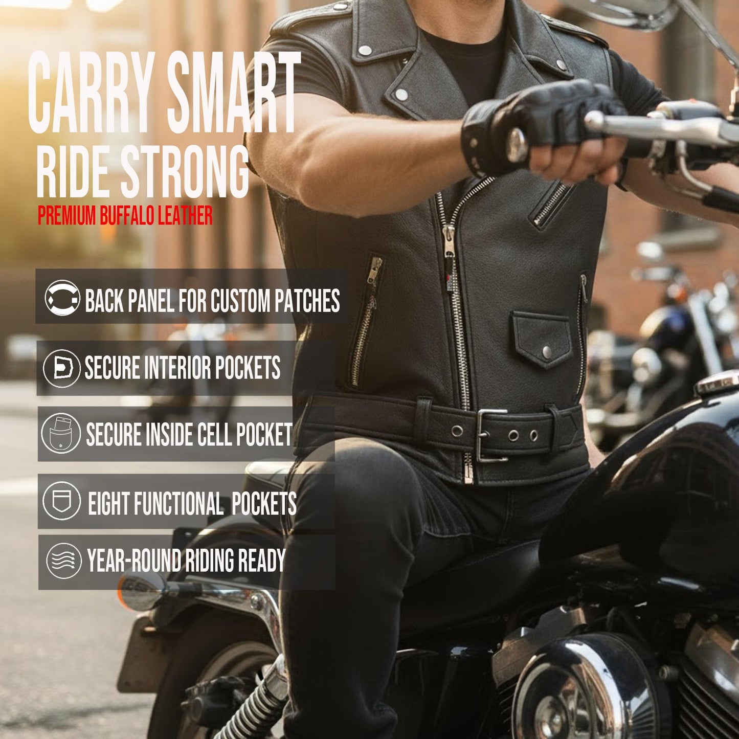 Jackets 4 Bikes Men's Classic Buffalo Leather Motorcycle Biker Vest | Vintage Cruiser Vest for Men, | Stylish Street Club Riding Black L