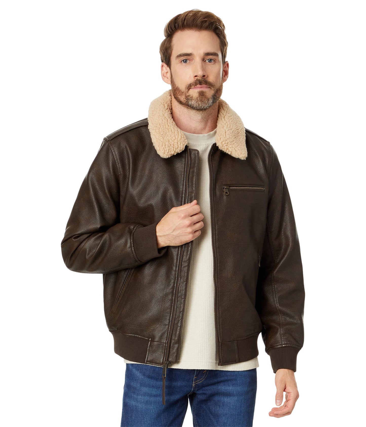 Levi's Men's Faux Leather Aviator Bomber Jacket with Sherpa Collar, Brown, Small