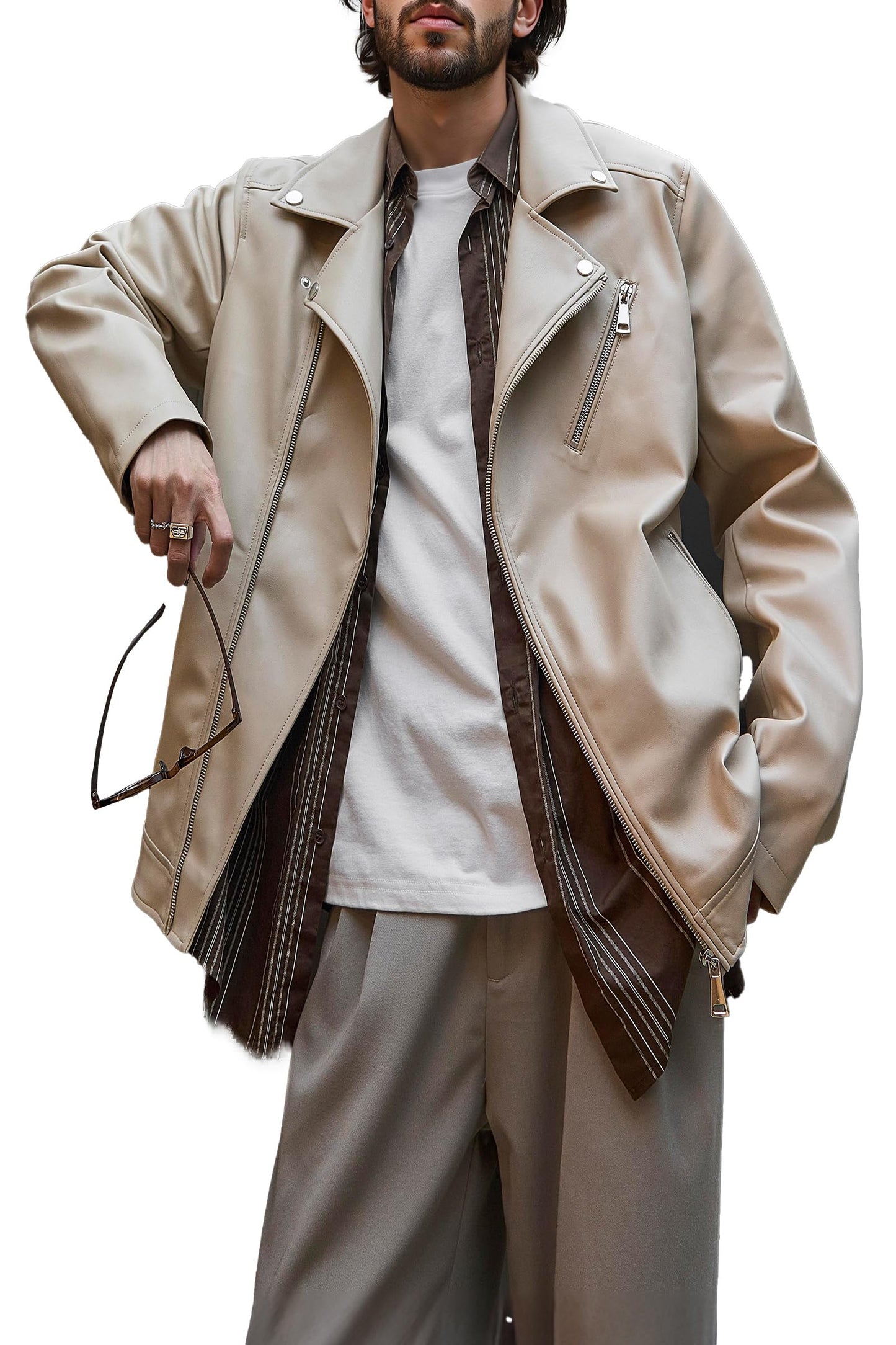 Bellivera Men's Faux Leather Zip-Up Motorcycle Biker Jacket Beige XL