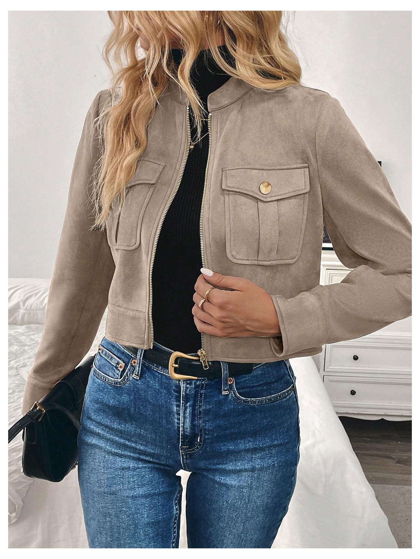 Verdusa Women's Zip Up Crop Spring Jackets Faux Suede Long Sleeve Motorcycle Cargo Jacket with Pockets Apricot Medium