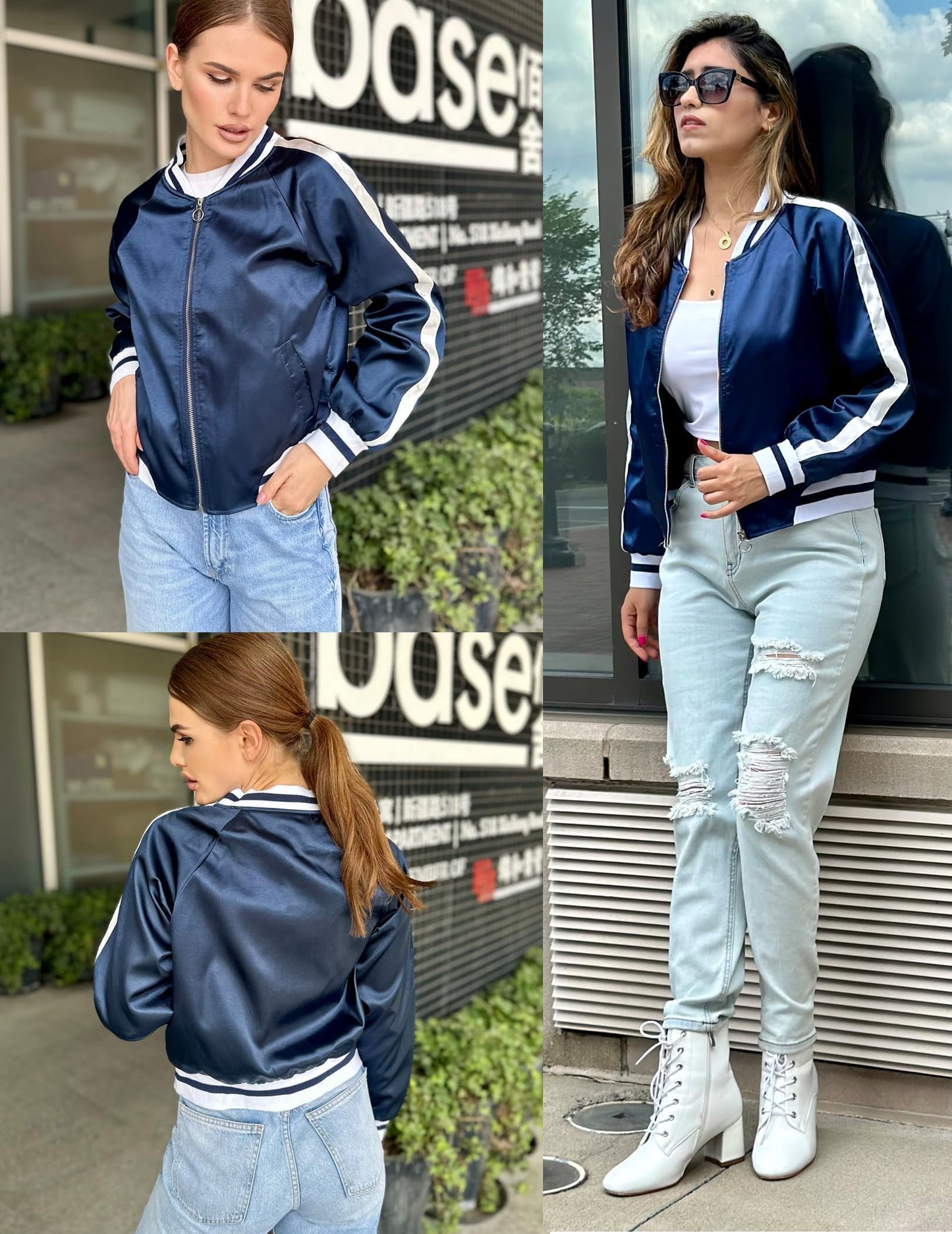 Zeagoo Women's Classic Solid Striped Biker Jacket Zip Up Fashion Bomber Jacket Coat Navy Blue Medium
