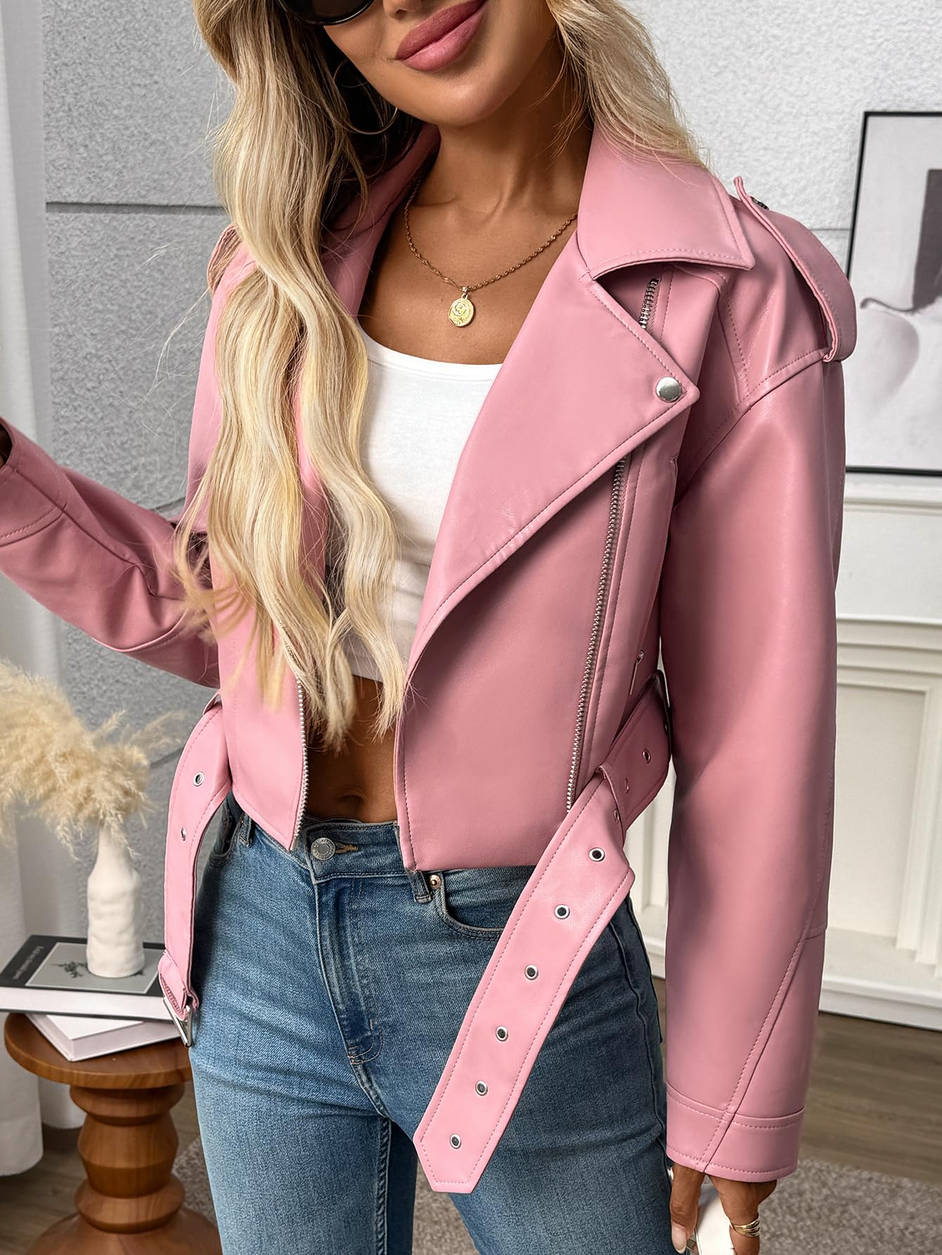 LY VAREY LIN Women Faux Leather Cropped Jacket Vegan Motor Biker Coat with Belt