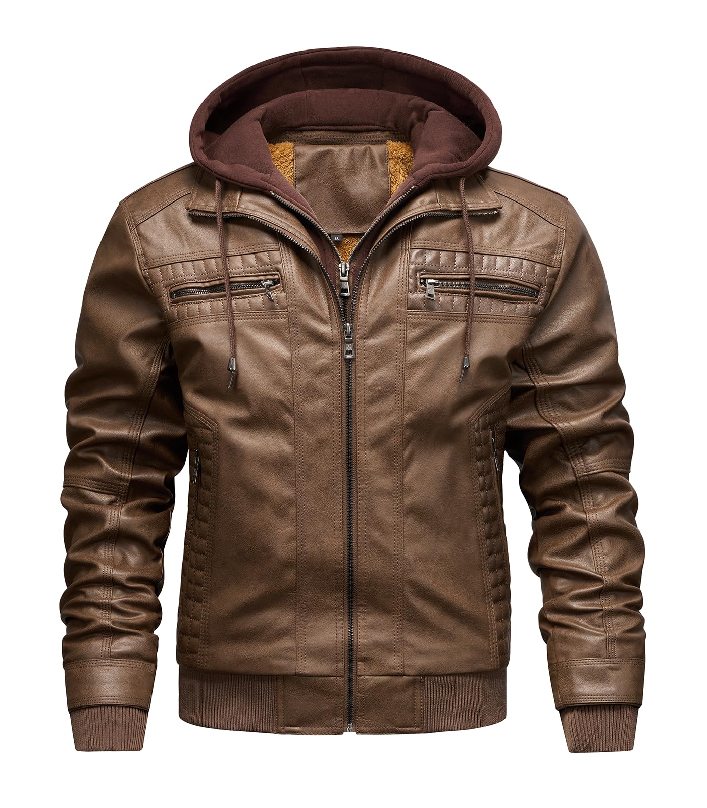 INVACHI Men's Faux Leather Motorcycle Jacket with Removable Hood Windproof Vintage PU Biker Bomber Coat with Fleece Lining