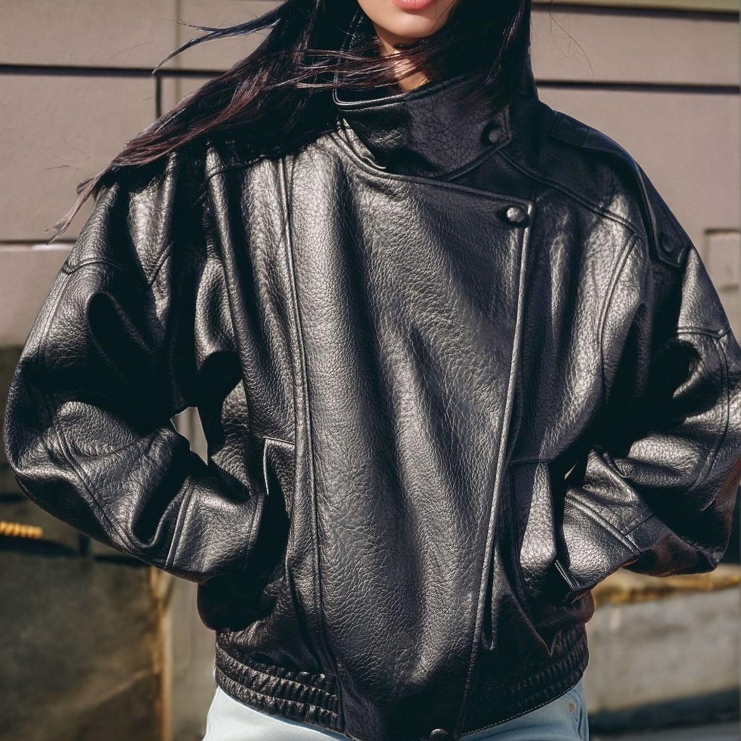 FindThy Women’s Oversized Faux Leather Jacket Casual High Collar Long Sleeve Zip Up Fall Fashion Motorcycle Coats(4201-Black-S-LB)