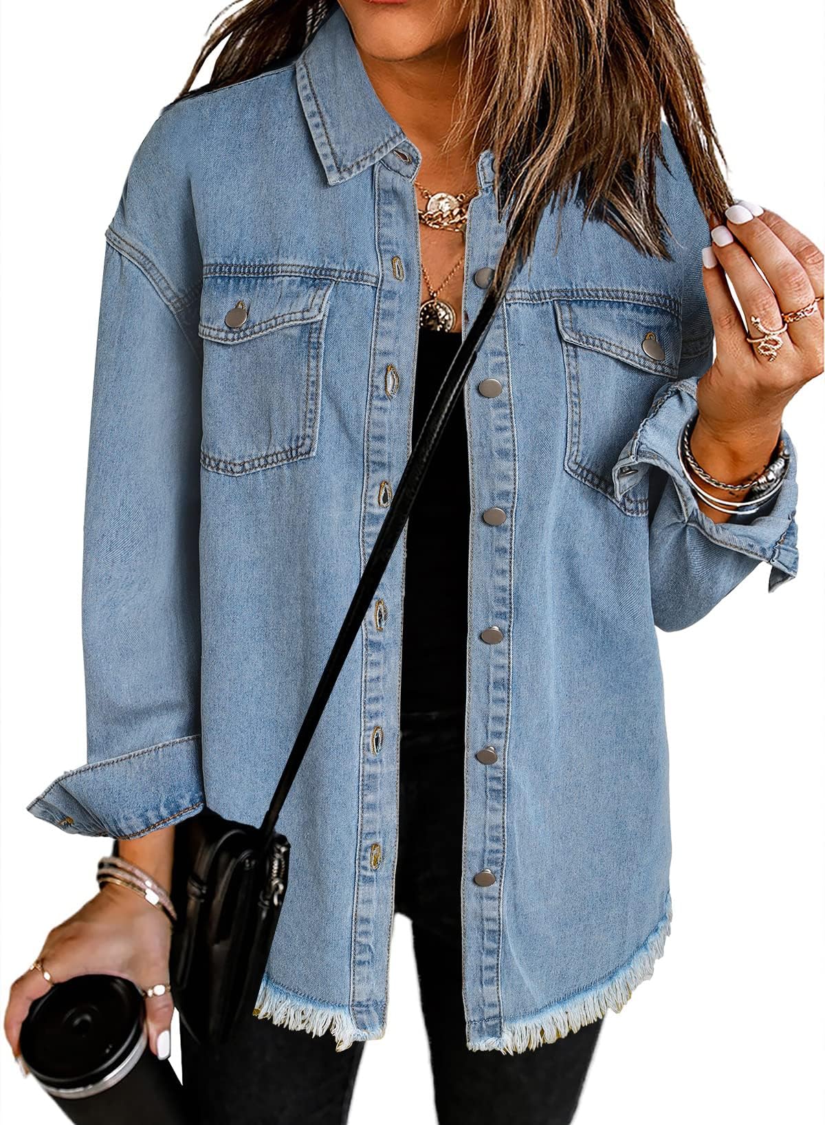 Dokotoo Jean Jacket Women Spring Summer Fall Country Concert Outfits Casual Long Sleeve Denim Shirt Distressed Boyfriend Denim Jacket Shackets Western Jean Jacket Womens Clothing Sky Blue Jackets L