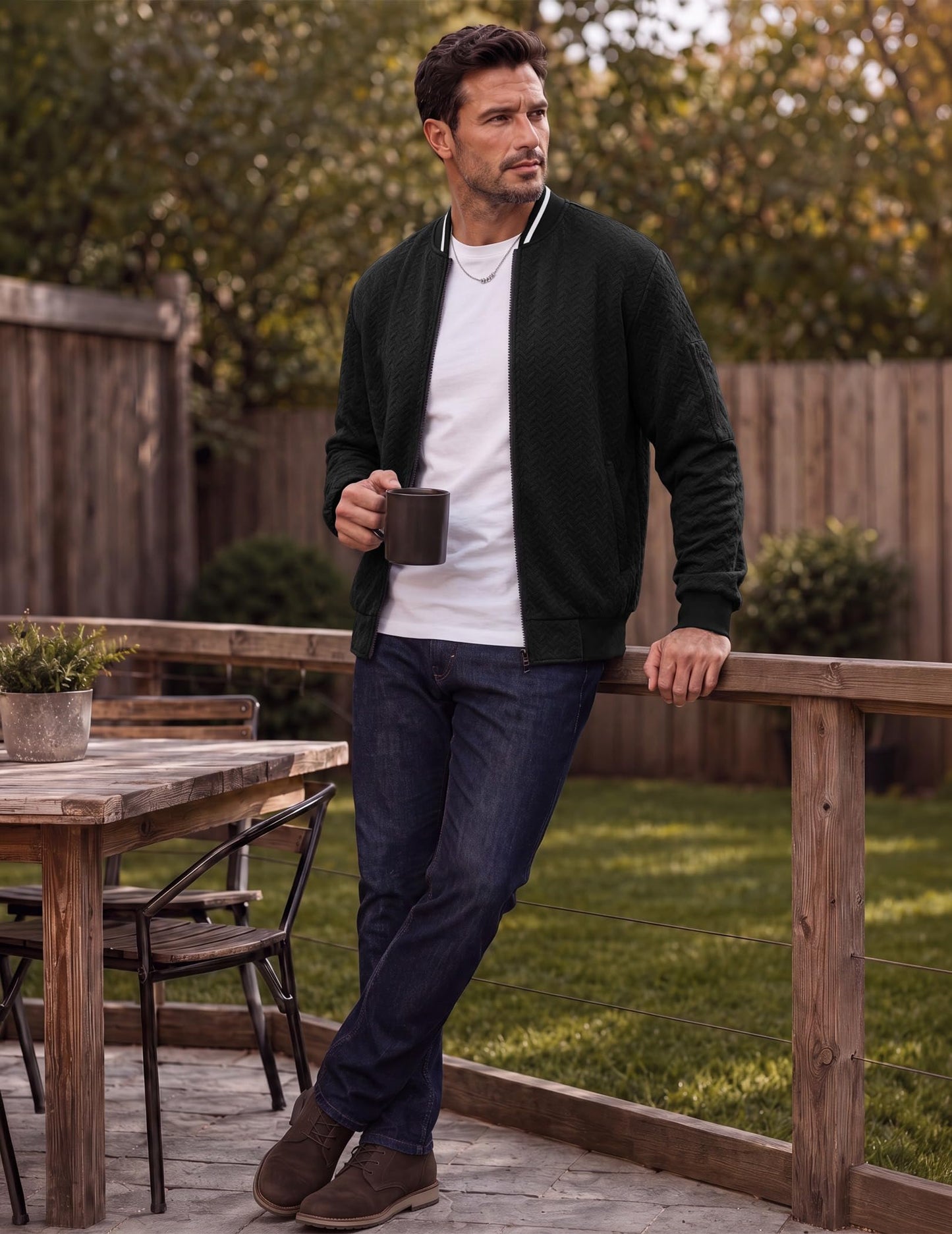 JMIERR Men's Textured Full Zip Bomber Jacket Multi Pockets,Black,M