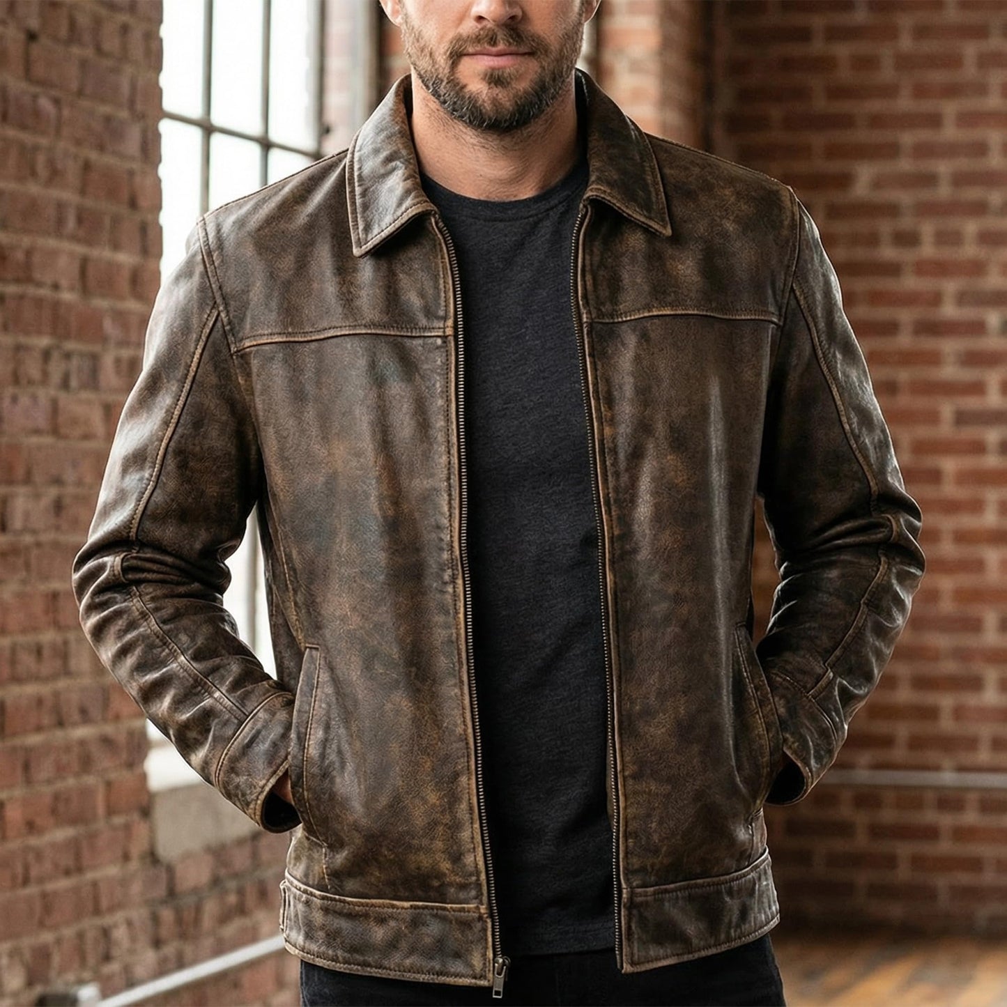 Mens Leather Jacket - Real Lambskin Classic Vintage Style Leather Jackets For Men Brown Leather Jacket for Mens (US, Alpha, X-Large, Regular, Regular, Noir Burnished Tobacco)