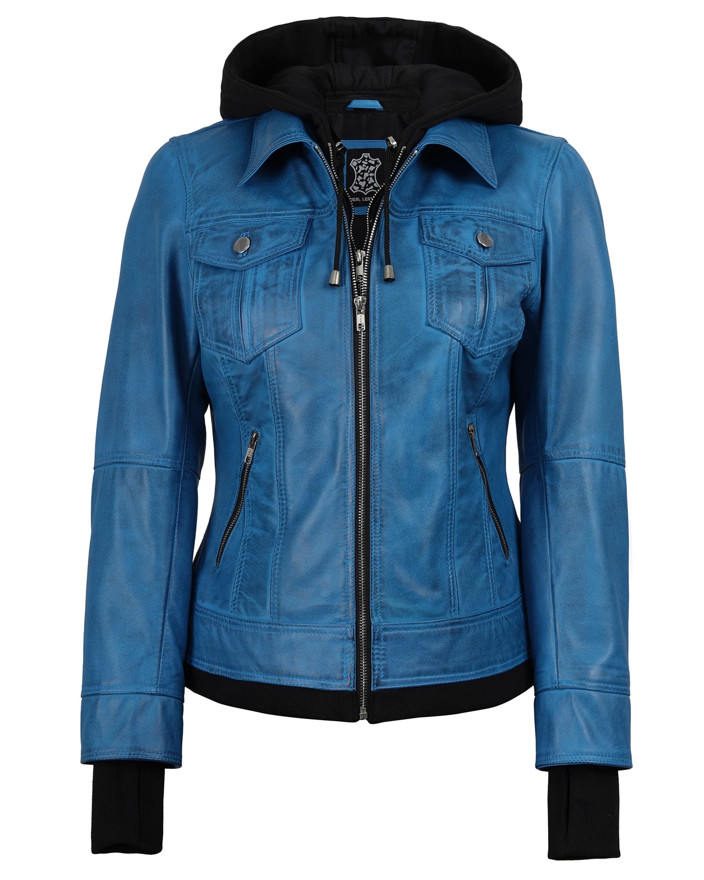 Blingsoul Womens Real Leather Jacket With Hood | [1332243] Betty Vivid Blue, M