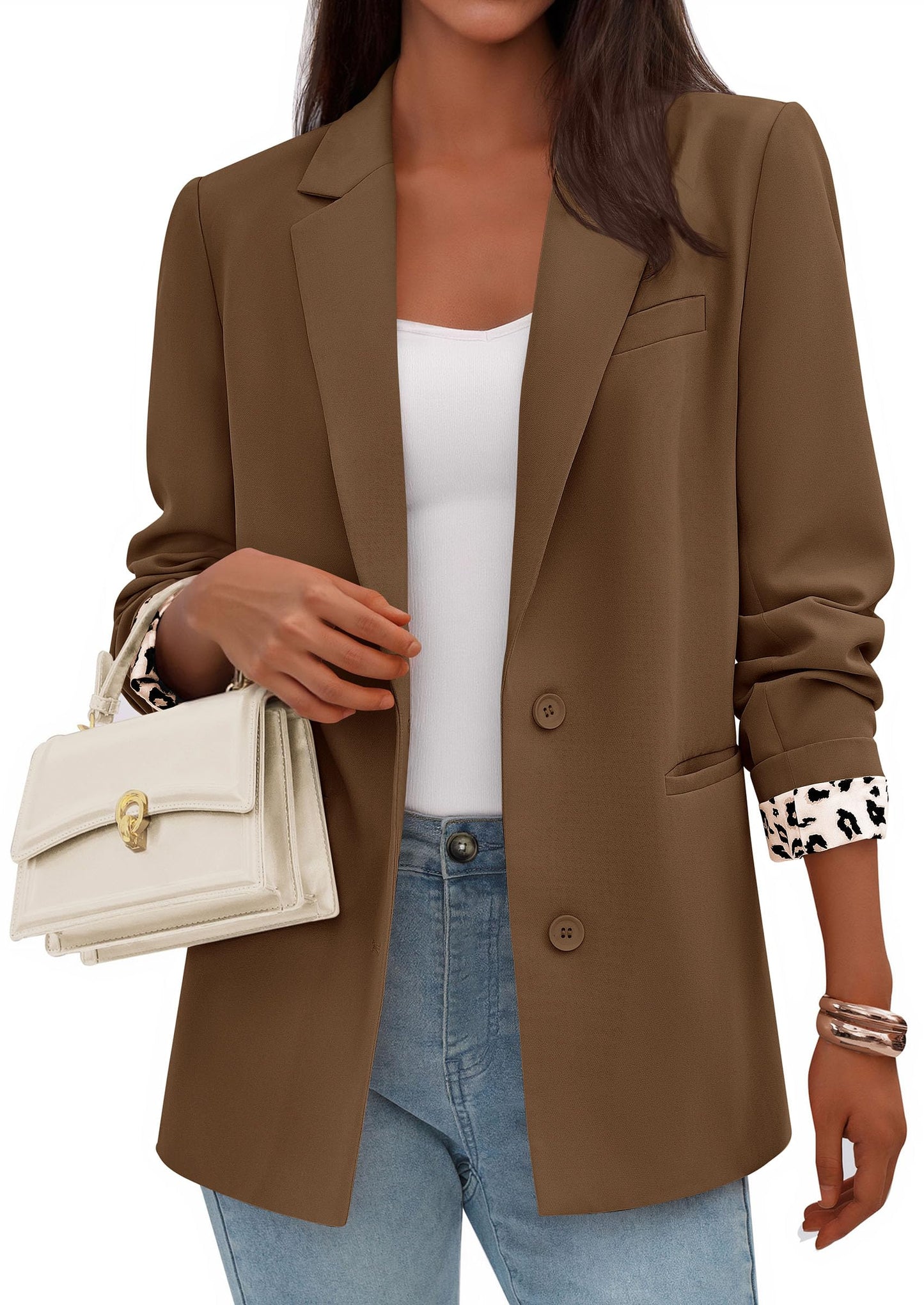 PRETTYGARDEN Womens Open Front Leopard Blazers Suit Jackets,Brown,XL