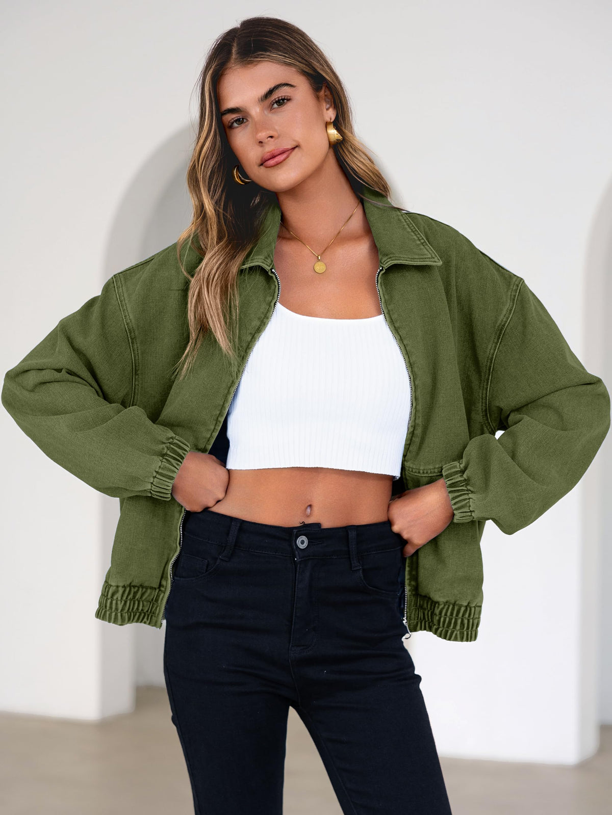 Glamaker Womens Oversized Jean Jacket Spring Lightweight Long Sleeve Bomber Denim Jacket with Zip Front and Pockets for Trendy Fashion (Army Green L)