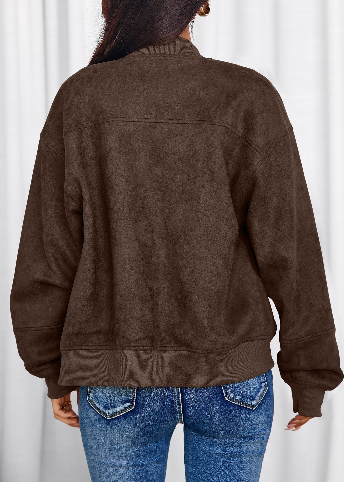 Lazysmile Women's Faux Suede Bomber Jackets Fall Fashion Outfits Winter Clothes Stand Collar Zip Up Coats Outwear with Pockets