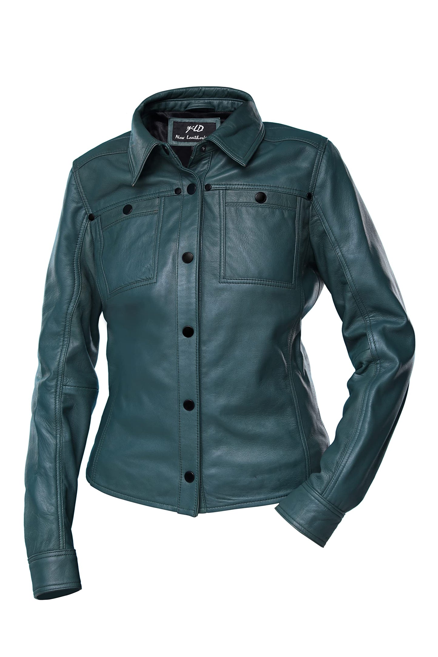 Jild Womens Button Front Lambskin Leather Jacket Shacket - Casual Shirt Long Sleeve Leather Jacket Women with Bust Pocket (Green-L)