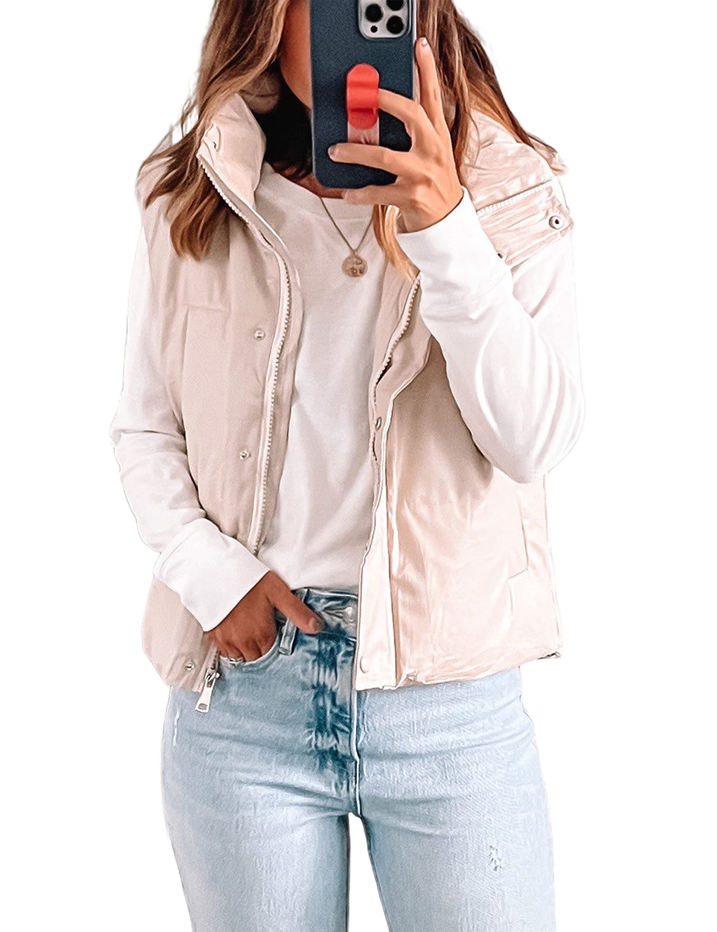 UANEO Womens PU Leather Cropped Puffer Vest Winter Faux Leather Zip Up Sleeveless Jacket (Beige, Large)