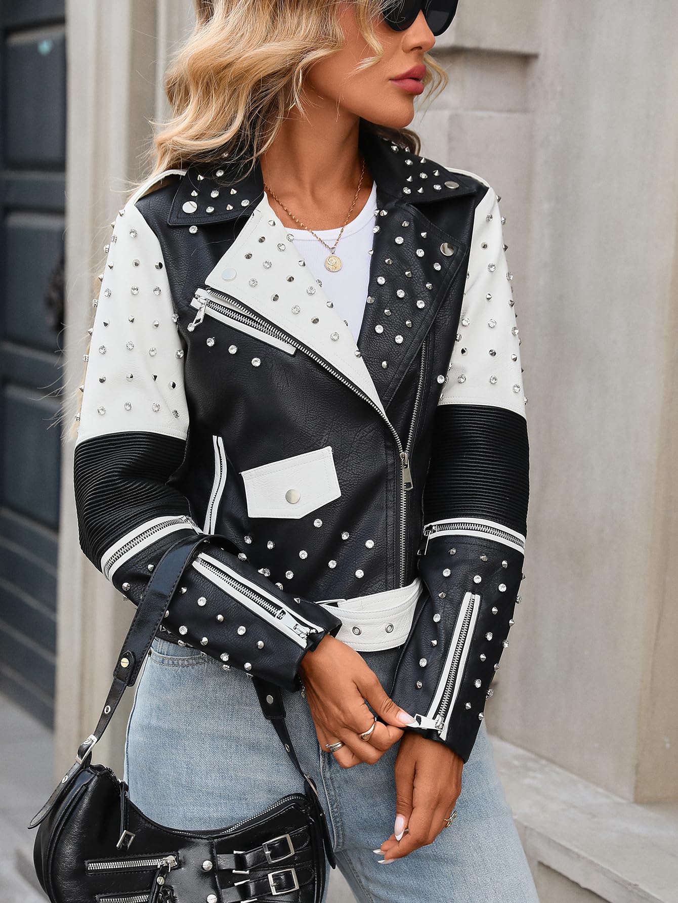 LY VAREY LIN Studded Faux Leather Moto Jacket Women Black PU Biker Coat with Rivets Punk Style