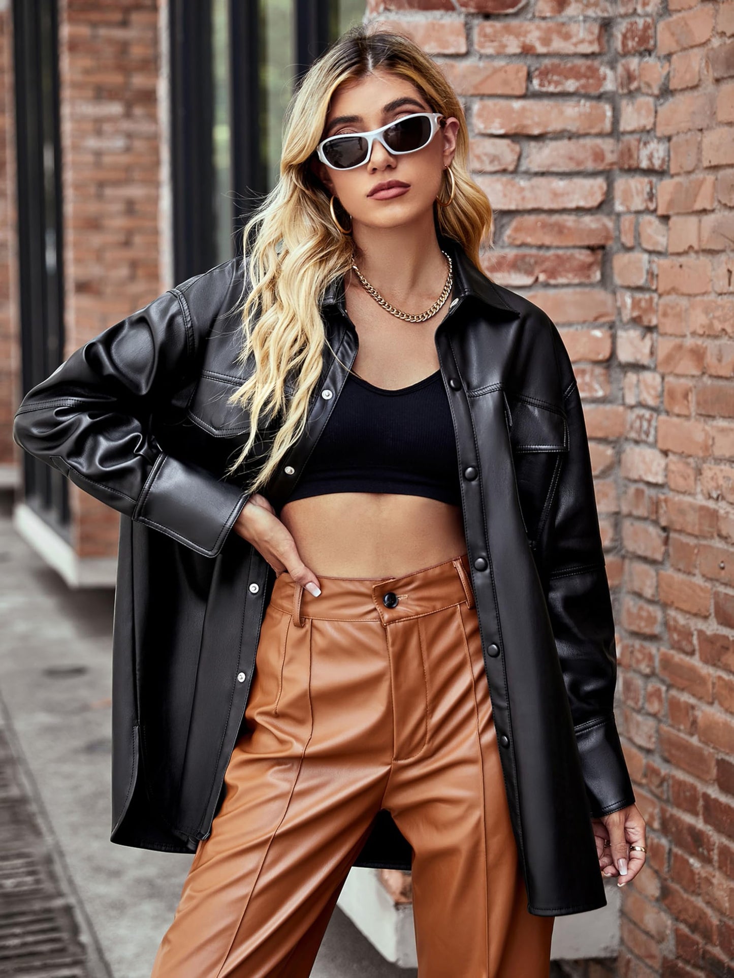 XULIKU Women Faux Leather Shacket Jacket,Fall Spring Button Down Lapel Long Sleeve Shirts with Pockets,Black,XS
